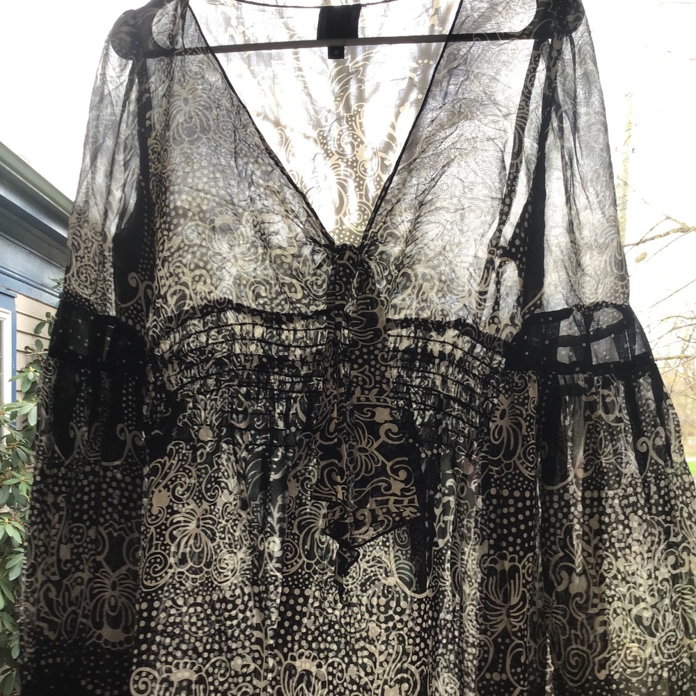 Anna Sui Black and Cream Sheer Printed Boho Blouse